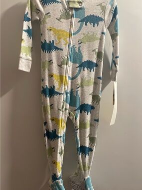 Kids Dino Print Zip One-Piece Pajama - Light Gray with Blue & Green Dinosaurs